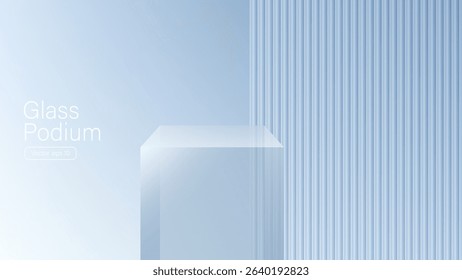 3D glass transparent crystal. Empty cylindrical pedestal. 3D cylinder and cube glass platforms set background. Vector realistic illustration of transparent plastic round and square p