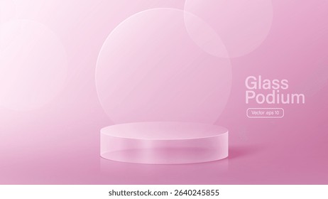 3D glass transparent crystal. Empty cylindrical pedestal. 3D cylinder and cube glass platforms set background. Vector realistic illustration of transparent plastic round.