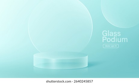 3D glass transparent crystal. Empty cylindrical pedestal. 3D cylinder and cube glass platforms set background. Vector realistic illustration of transparent plastic round.