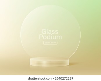 3D glass transparent crystal. Empty cylindrical pedestal. 3D cylinder and cube glass platforms set background. Vector realistic illustration of transparent plastic round.