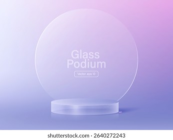 3D glass transparent crystal. Empty cylindrical pedestal. 3D cylinder and cube glass platforms set background. Vector realistic illustration of transparent plastic round.