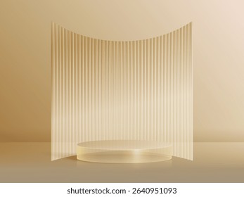 3D glass transparent crystal. Empty cylindrical pedestal. 3D cylinder and cube glass platforms set background. Vector realistic illustration of transparent plastic round and square p