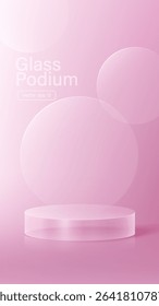 3D glass transparent crystal. Empty cylindrical pedestal. 3D cylinder and cube glass platforms set background. Vector realistic illustration of transparent plastic round and square
