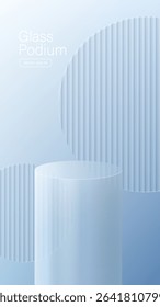 3D glass transparent crystal. Empty cylindrical pedestal. 3D cylinder and cube glass platforms set background. Vector realistic illustration of transparent plastic round and square
