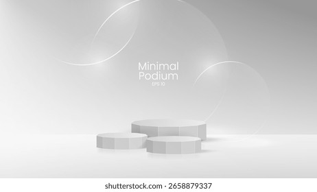 Cristal transparente de cristal 3D. Pedestal cilíndrico vacío. Las plataformas de madera 3D del podio fijan fondo. Vector ilustración realista de plástico transparente redondo y cuadrado