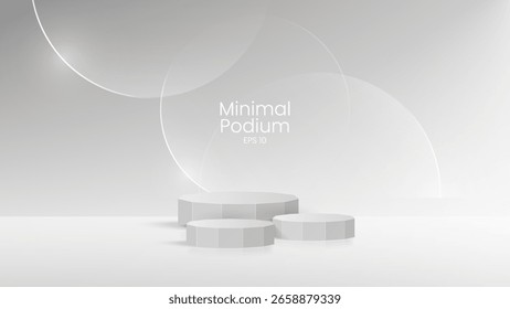 3D glass transparent crystal. Empty cylindrical pedestal. 3D wooden podium platforms set background. Vector realistic illustration of transparent plastic round and square