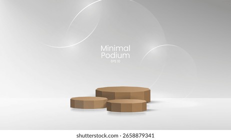 3D glass transparent crystal. Empty cylindrical pedestal. 3D wooden podium platforms set background. Vector realistic illustration of transparent plastic round and square