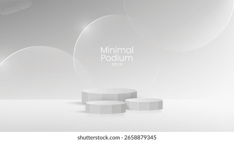 3D glass transparent crystal. Empty cylindrical pedestal. 3D wooden podium platforms set background. Vector realistic illustration of transparent plastic round and square