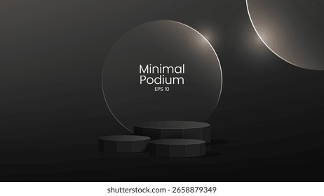 3D glass transparent crystal. Empty cylindrical pedestal. 3D wooden podium platforms set background. Vector realistic illustration of transparent plastic round and square