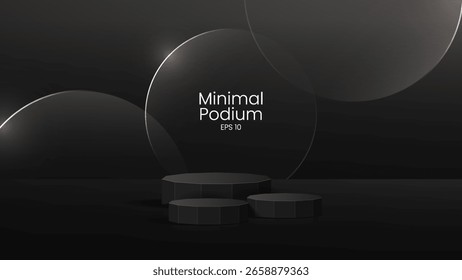 3D glass transparent crystal. Empty cylindrical pedestal. 3D wooden podium platforms set background. Vector realistic illustration of transparent plastic round and square