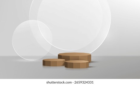 3D glass transparent crystal. Empty cylindrical pedestal. 3D wooden podium platforms set background. Vector realistic illustration of transparent plastic round and square