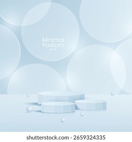 3D glass transparent crystal. Empty cylindrical pedestal. 3D wooden podium platforms set background. Vector realistic illustration of transparent plastic round and square