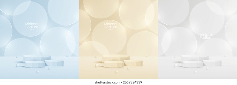 Cristal transparente de cristal 3D. Pedestal cilíndrico vacío. Las plataformas de madera 3D del podio fijan fondo. Vector ilustración realista de plástico transparente redondo y cuadrado