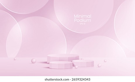 3D glass transparent crystal. Empty cylindrical pedestal. 3D wooden podium platforms set background. Vector realistic illustration of transparent plastic round and square