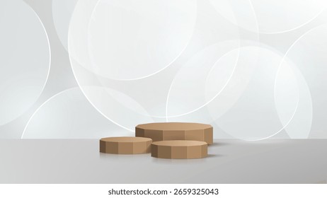 Cristal transparente de cristal 3D. Pedestal cilíndrico vacío. Las plataformas de madera 3D del podio fijan fondo. Vector ilustración realista de plástico transparente redondo y cuadrado