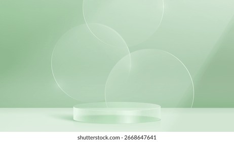3D glass transparent crystal. Empty cylindrical pedestal. 3D cylinder and cube glass platforms set background. Vector realistic illustration of transparent plastic round and square