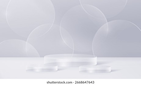 3D Glas transparenter Kristall. Zylinderbock leer. 3D-Zylinder und Würfelglas Plattformen setzen Hintergrund. Vektorrealistische Illustration von transparentem rundem und quadratischem Kunststoff
