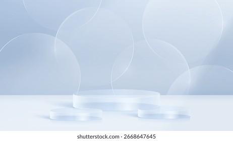 Cristal transparente de cristal 3D. Pedestal cilíndrico vacío. Las plataformas de vidrio de cilindro y cubo 3D establecen el fondo. Vector ilustración realista de plástico transparente redondo y cuadrado