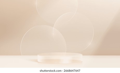 Cristal transparente de cristal 3D. Pedestal cilíndrico vacío. Las plataformas de vidrio de cilindro y cubo 3D establecen el fondo. Vector ilustración realista de plástico transparente redondo y cuadrado