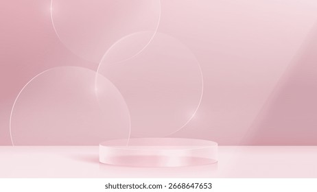 3D glass transparent crystal. Empty cylindrical pedestal. 3D cylinder and cube glass platforms set background. Vector realistic illustration of transparent plastic round and square