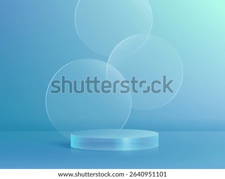 3D glass transparent crystal. Empty cylindrical pedestal. 3D cylinder and cube glass platforms set background. Vector realistic illustration of transparent plastic round and square p