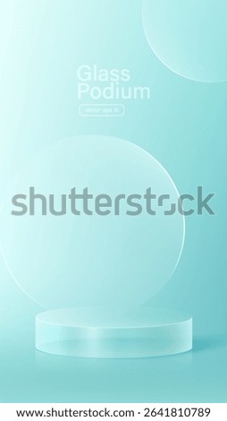 3D glass transparent crystal. Empty cylindrical pedestal. 3D cylinder and cube glass platforms set background. Vector realistic illustration of transparent plastic round and square