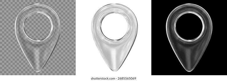 3d glass transparent GPS, map location pointer. Pin code icon of the geolocation map. Stock vector illustration on isolated background.	
