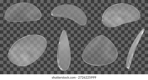 Vidrio 3D oval transparente, elemento de forma redondeada con diferentes ángulos. Figura de círculo realista. Y2k elemento abstracto. Ilustración vectorial de stock sobre fondo aislado.