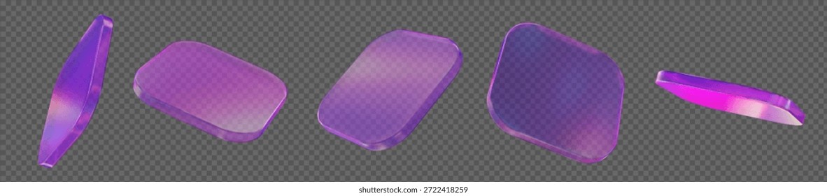 Rectángulo transparente de vidrio 3D con ángulos redondeados, podio o elemento de forma con diferentes ángulos. Figura cuadrada holográfica. Y2k elemento abstracto de neón. Ilustración vectorial de stock sobre fondo aislado.