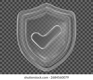 Escudo transparente de cristal 3D con el icono de la marca de verificación. Ilustración vectorial de stock sobre fondo aislado.	