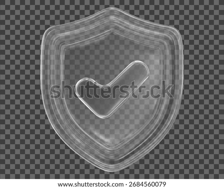 3d glass transparent shield with check mark icon. Stock vector illustration on isolated background.	