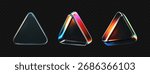 3D glass triangles with vibrant holographic glow and prism refraction isolated on dark background. Modern geometric elements for digital music interface, y2k futuristic background. 3d vector figure