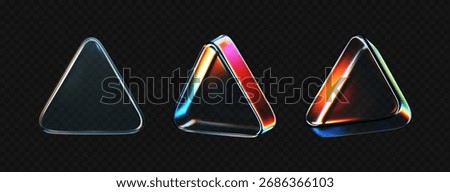 3D glass triangles with vibrant holographic glow and prism refraction isolated on dark background. Modern geometric elements for digital music interface, y2k futuristic background. 3d vector figure