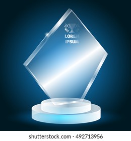 3D glass trophy on a blue glowing background. Award from plexiglas. Beautiful shiny prize.