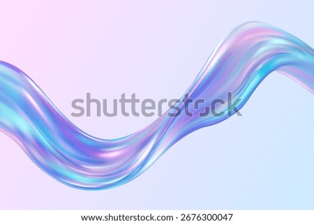 3D glass wave ribbon on soft gradient background. Liquid iridescent texture in pastel blue and pink tones creates elegant flowing design. Modern vector wallpaper for luxury, cosmetic or digital art