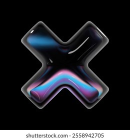 3D glass X shape with holographic reflections, glossy transparent surface. Cross close symbol or wrong mark on black background. Futuristic design element for UI, error icons, digital projects