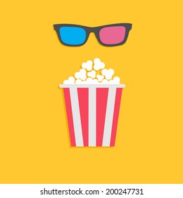 3D glasses and big popcorn. Cinema icon in flat dsign style. Vector illustration