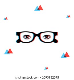 3d glasses with chromatic aberration and eyes on lens, illustration for graphic design. Vector on white background. Front view