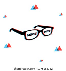 3d glasses with chromatic aberration and movie word on lens, illustration for graphic design. Vector on white background