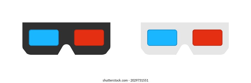 3d glasses for cinema. Icon for movie. Paper glasses with red and blue glass for dimensional spectacles. Lens of goggle for see of film. 3d vision for modern cinema. Mockup for entertainment. Vector.