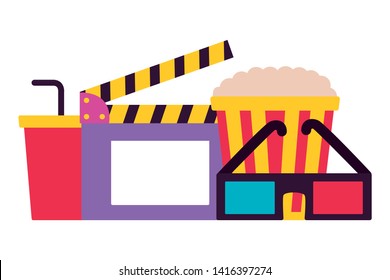 3d glasses clapboard pop corn soda cinema movie vector illustration 