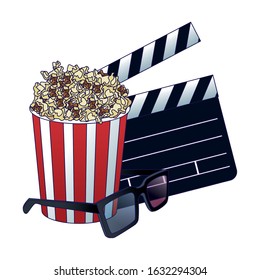 3D glasses with clapboard and pop corn striped bowl icon over white background, vector illustration