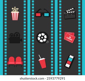 3D glasses, clapperboard, popcorn, video camera, film reel, cinema tickets, soda, chairs. Vector cinema movie icons on filmstrips 