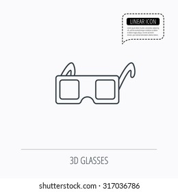 3D glasses icon. Cinema technology sign. Vision effect symbol. Linear outline icon. Speech bubble of dotted line. Vector
