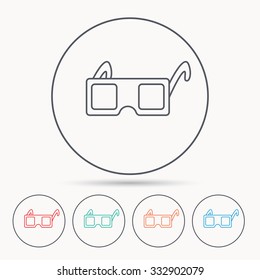 3D glasses icon. Cinema technology sign. Vision effect symbol. Linear circle icons.