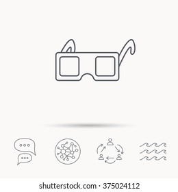 3D glasses icon. Cinema technology sign. Vision effect symbol. Global connect network, ocean wave and chat dialog icons. Teamwork symbol.