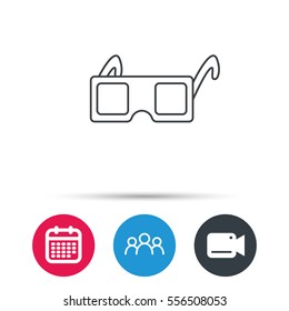 3D glasses icon. Cinema technology sign. Vision effect symbol. Group of people, video cam and calendar icons. Vector