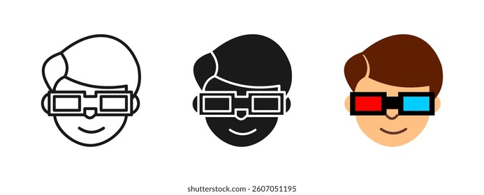 3D glasses icon. Cinema viewer symbol. Stereoscopic film illustration. Immersive movie experience design. Theater entertainment concept. Person wearing 3D glasses graphic.