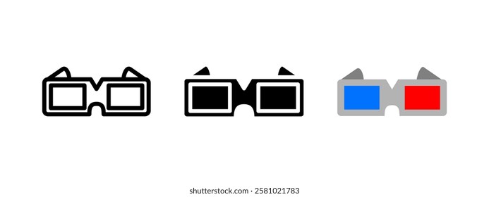 3D glasses icon. Classic anaglyph vision sign. Cinema and stereoscopic effect symbol. Movie theater viewing pictogram. Red and blue lens illustration.