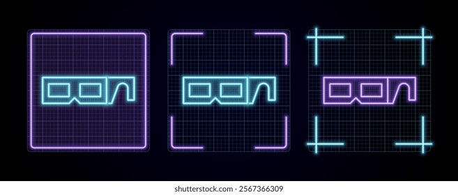 3D glasses icon illustration, cyber neon visual, glowing border grid vector.